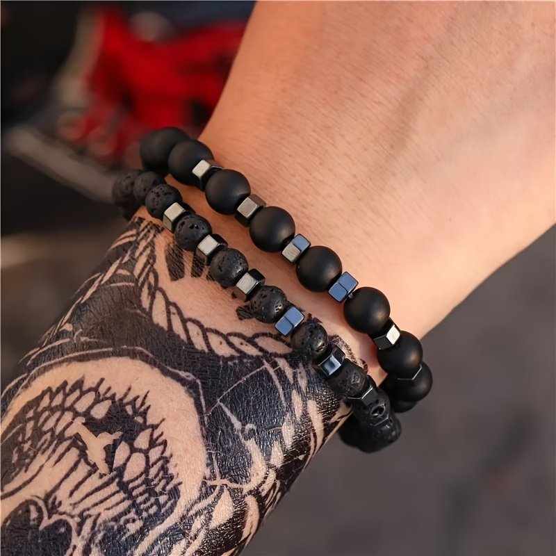 Retro Matte Black Stone Bracelet Set