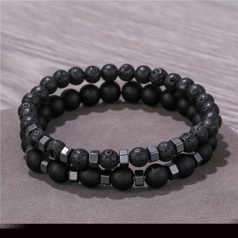 Retro Matte Black Stone Bracelet Set