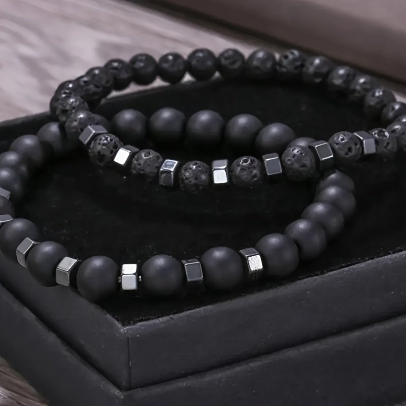 Retro Matte Black Stone Bracelet Set