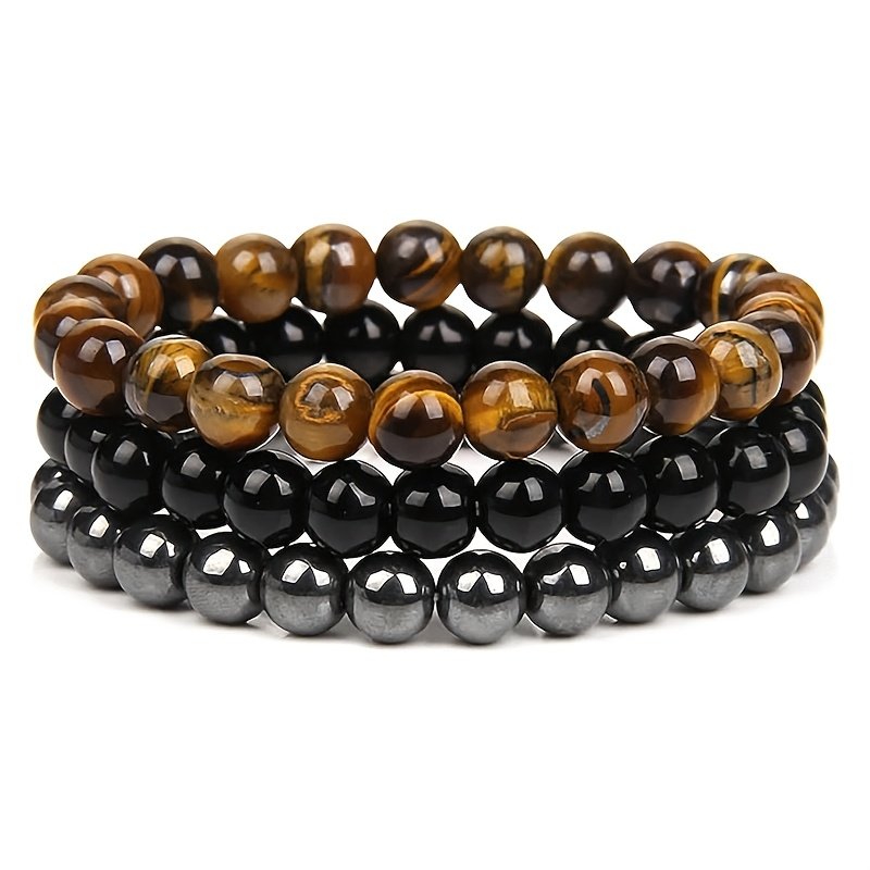 3Pcs Triple Protection Tiger Eye Obsidian Hematite Bracelet Set