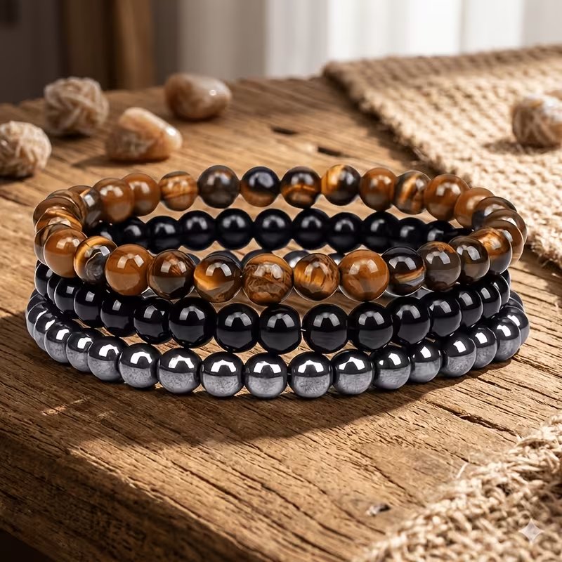 3Pcs Triple Protection Tiger Eye Obsidian Hematite Bracelet Set