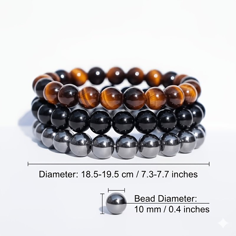 3Pcs Triple Protection Tiger Eye Obsidian Hematite Bracelet Set