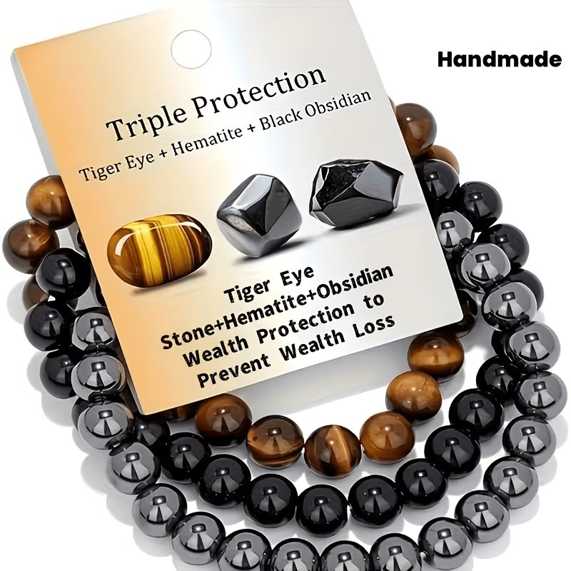 3Pcs Triple Protection Tiger Eye Obsidian Hematite Bracelet Set