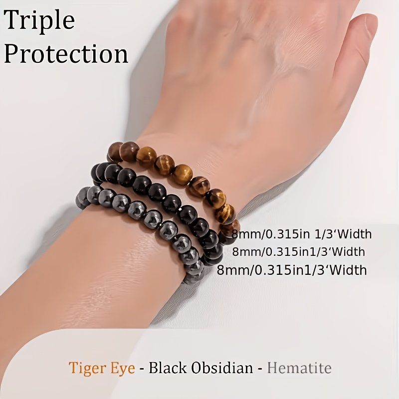 3Pcs Triple Protection Tiger Eye Obsidian Hematite Bracelet Set
