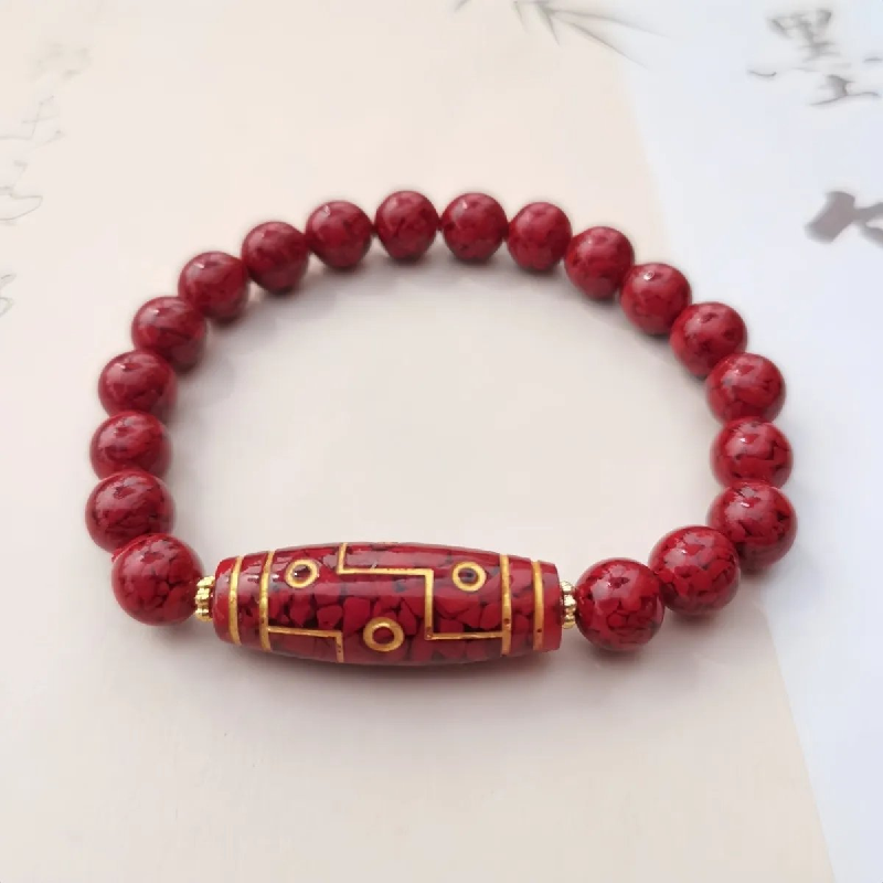 Genuine Natural Cinnabar 9 Eye Dzi Bead Fengshui Lucky Bracelet