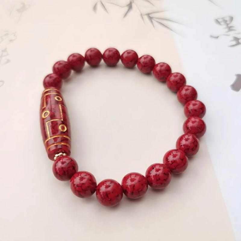 Genuine Natural Cinnabar 9 Eye Dzi Bead Fengshui Lucky Bracelet