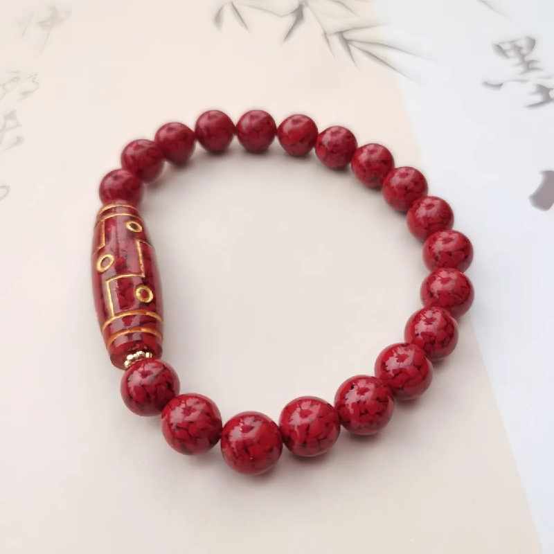 Genuine Natural Cinnabar 9 Eye Dzi Bead Fengshui Lucky Bracelet