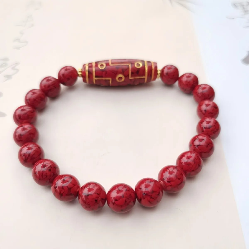 Genuine Natural Cinnabar 9 Eye Dzi Bead Fengshui Lucky Bracelet