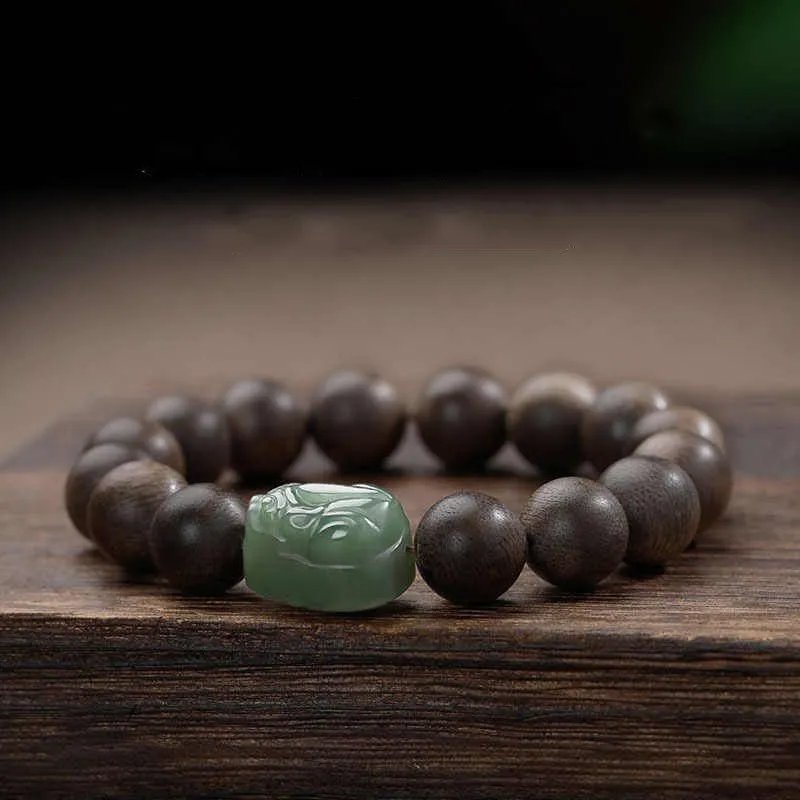 Natural Agarwood Hetian Jade Pixiu Feng Shui Bracelet for Couples