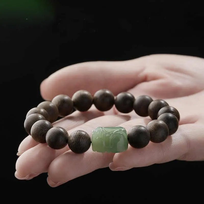 Natural Agarwood Hetian Jade Pixiu Feng Shui Bracelet for Couples