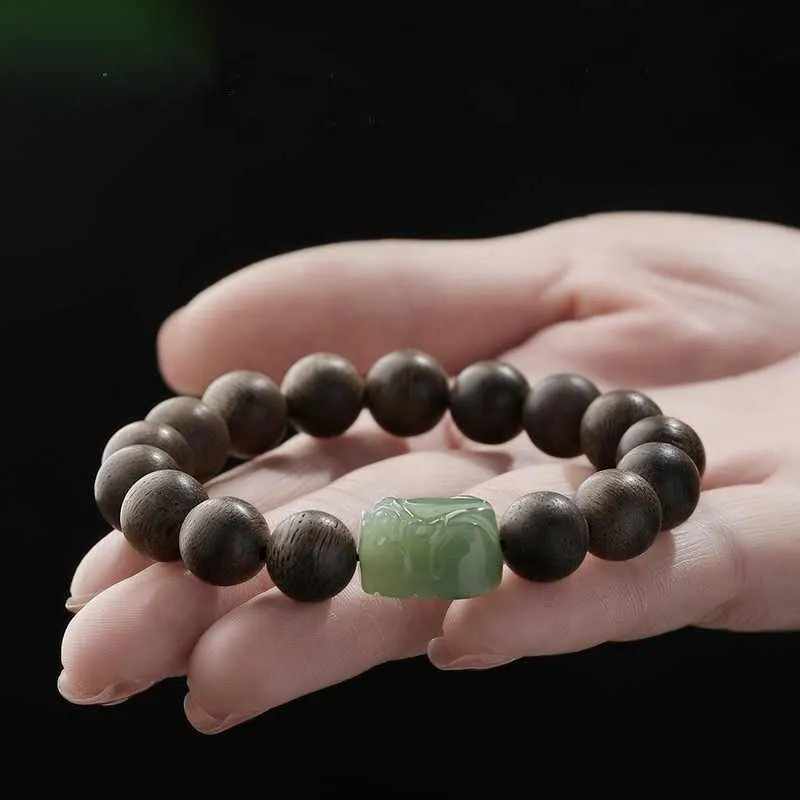 Natural Agarwood Hetian Jade Pixiu Feng Shui Bracelet for Couples