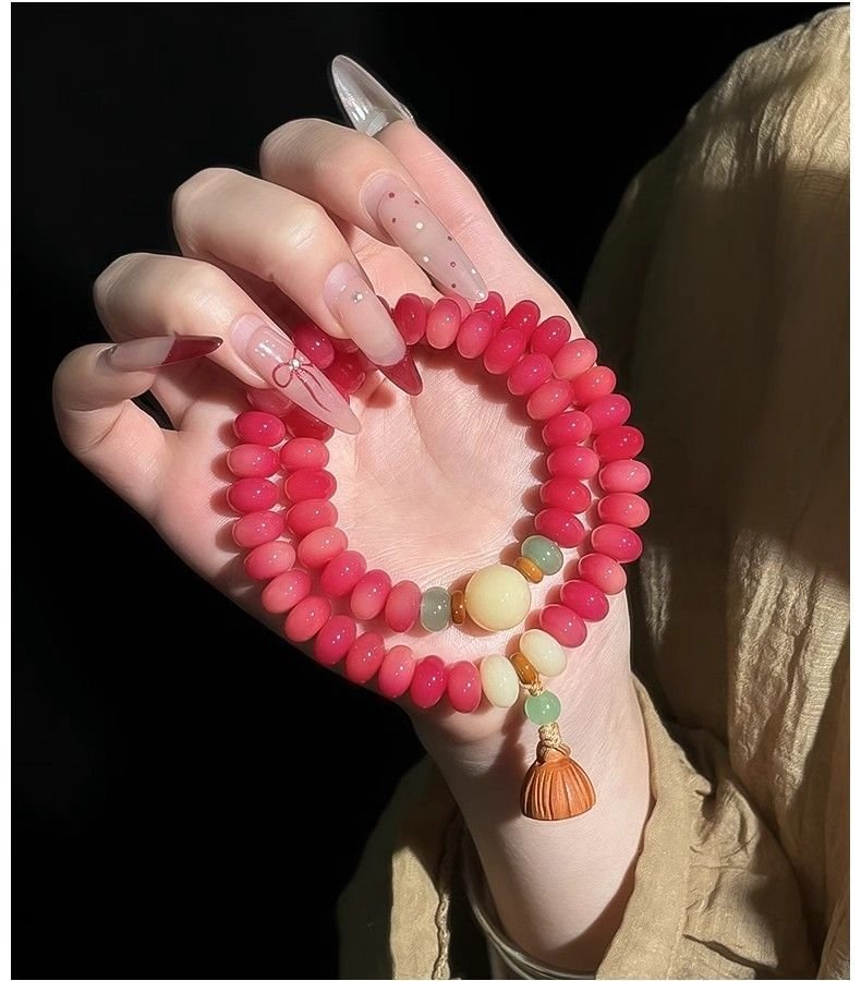 Carmine Bodhi Double Bracelet with Lotus Pendant