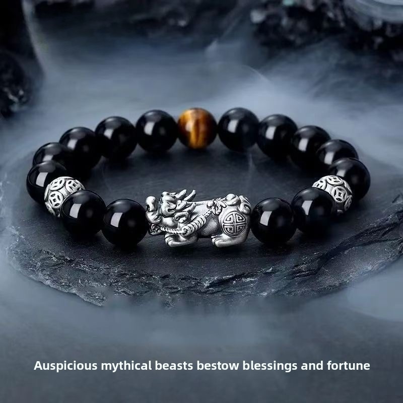 Tiger Eye & Obsidian Pixiu Bracelet | 999 Silver