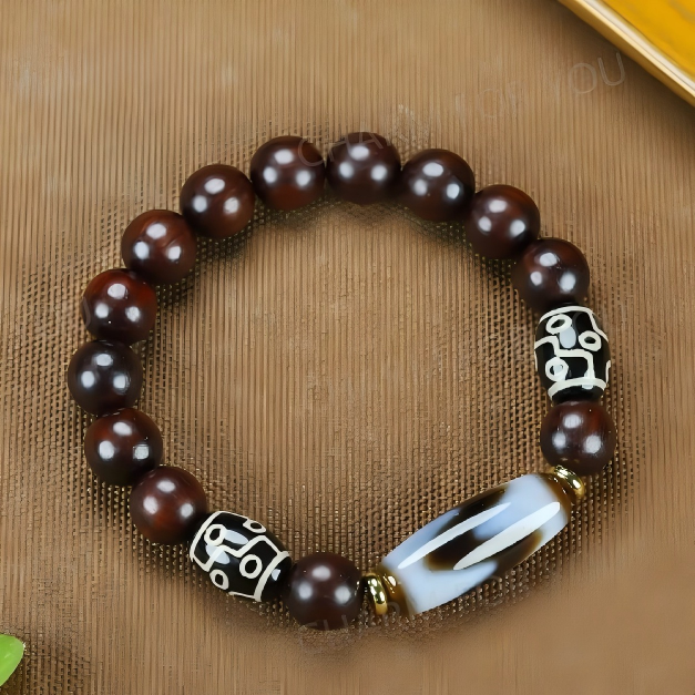 Tibetan Nine-Eye Dzi Bracelet – Red Sandalwood Beaded Bracelet