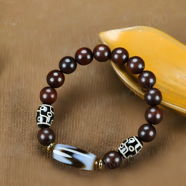 Tibetan Nine-Eye Dzi Bracelet – Red Sandalwood Beaded Bracelet