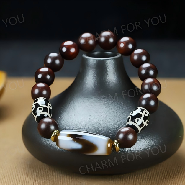 Tibetan Nine-Eye Dzi Bracelet – Red Sandalwood Beaded Bracelet
