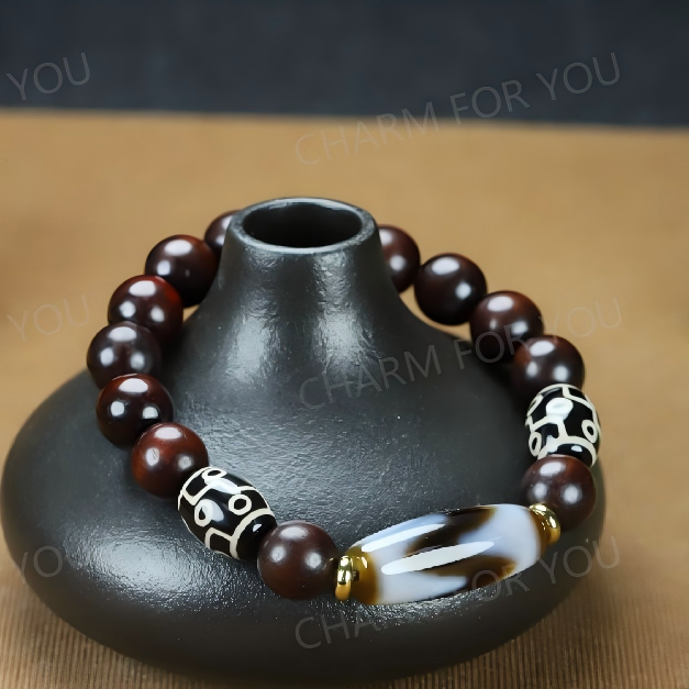 Tibetan Nine-Eye Dzi Bracelet – Red Sandalwood Beaded Bracelet