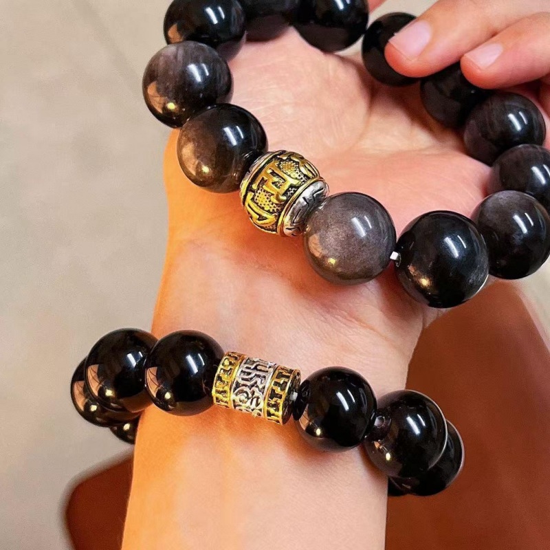 Large Obsidian Bead Bracelet 14mm | Natural Protection Jewelry