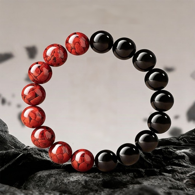Cinnabar & Obsidian Yin Yang Bracelet | Lucky Protection Jewelry