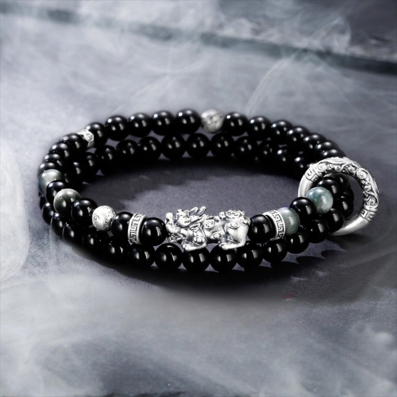Double Wrap Pixiu Obsidian Bracelet – 999 Silver Feng Shui Bracelet