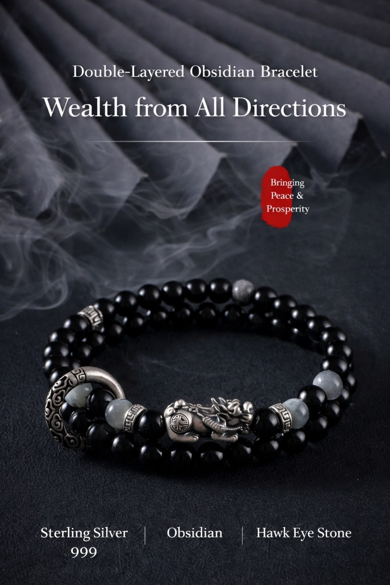 Double Wrap Pixiu Obsidian Bracelet – 999 Silver Feng Shui Bracelet