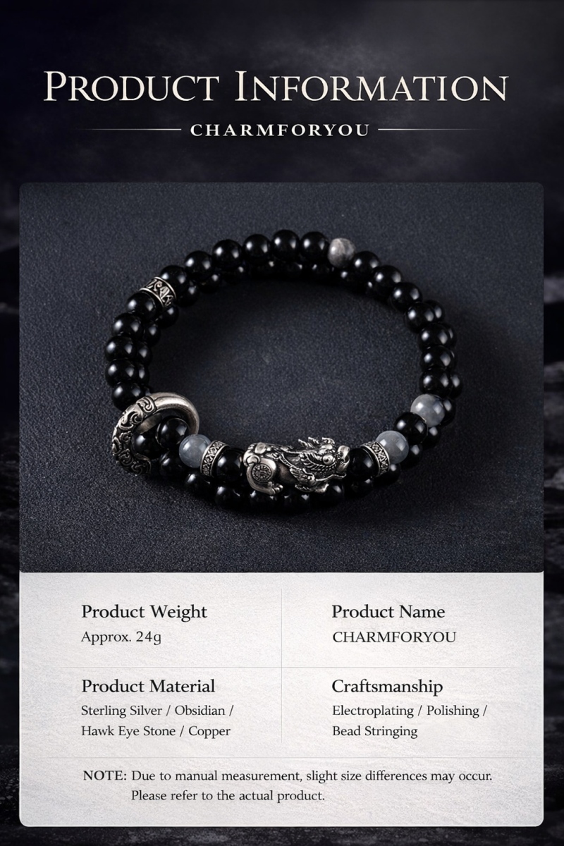 Double Wrap Pixiu Obsidian Bracelet – 999 Silver Feng Shui Bracelet