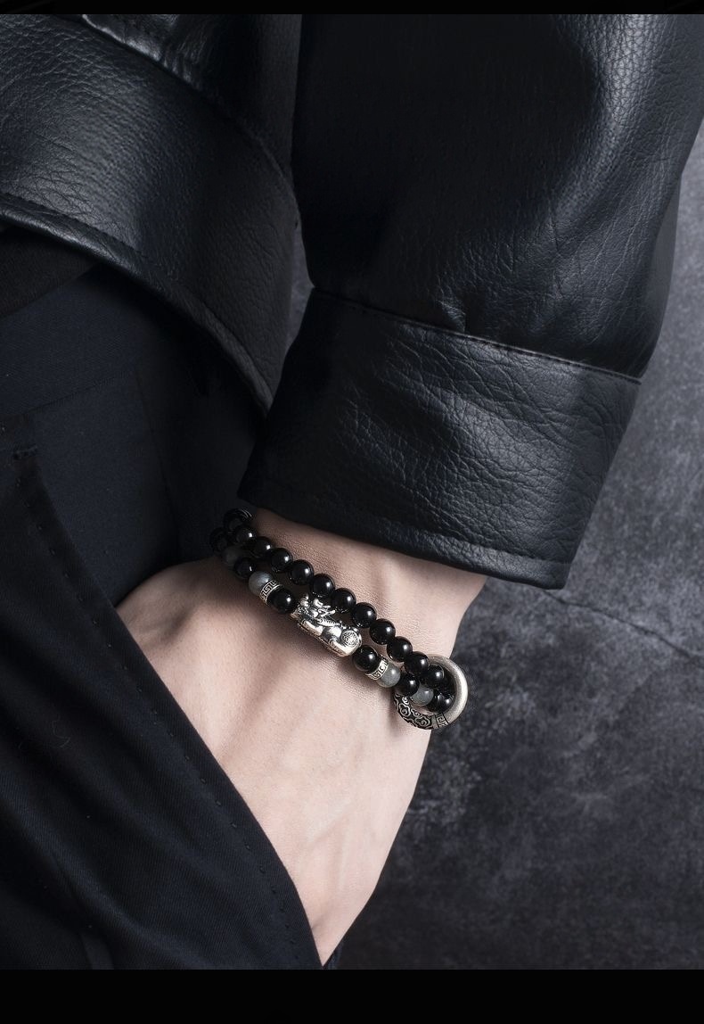 Double Wrap Pixiu Obsidian Bracelet – 999 Silver Feng Shui Bracelet