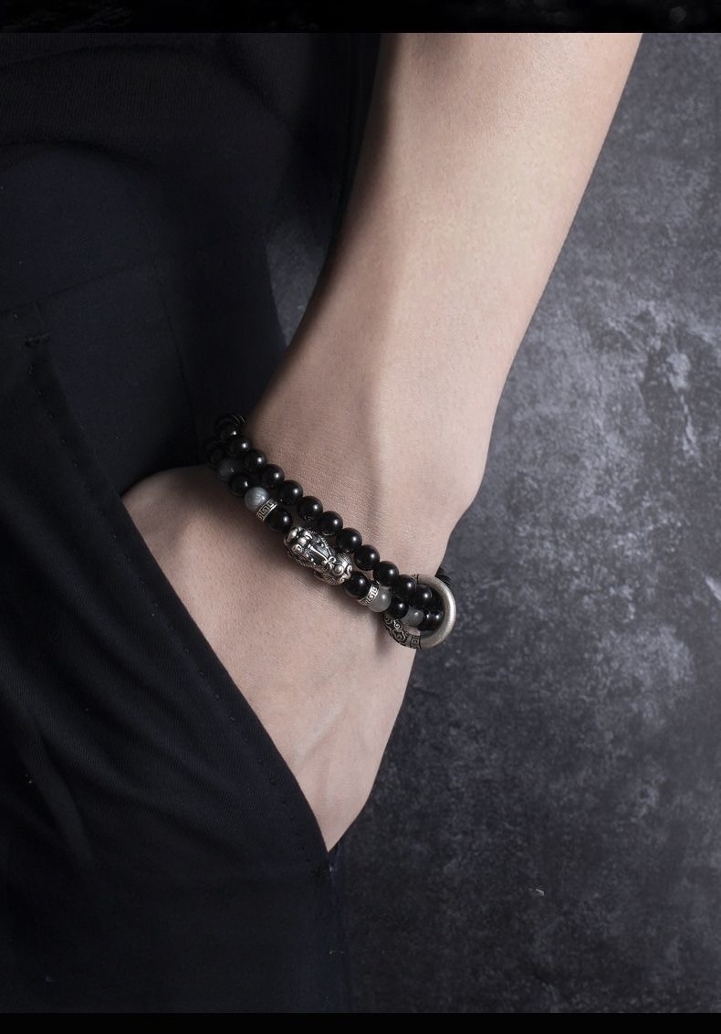Double Wrap Pixiu Obsidian Bracelet – 999 Silver Feng Shui Bracelet