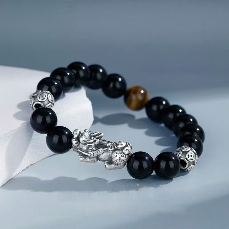 Tiger Eye & Obsidian Pixiu Bracelet | 999 Silver