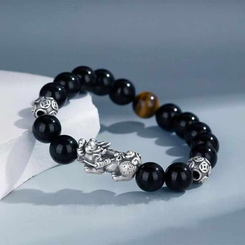 Tiger Eye & Obsidian Pixiu Bracelet | 999 Silver