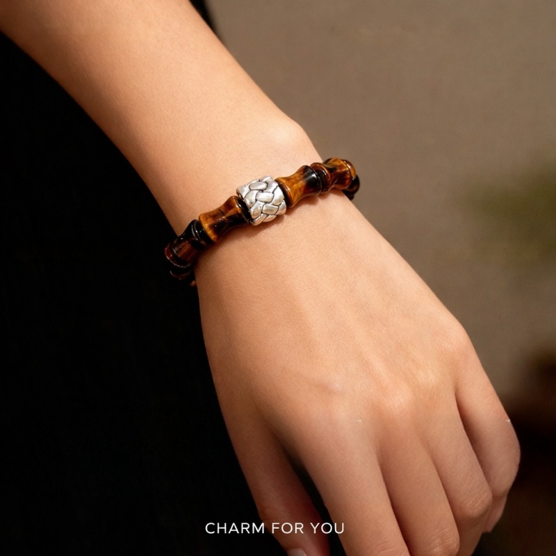 Bamboo Tiger Eye Bracelet – Sterling Silver Mala Bracelet