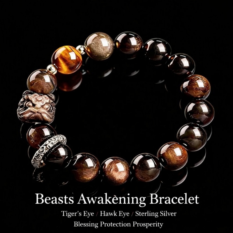 Auspicious lion silver obsidian bracelet