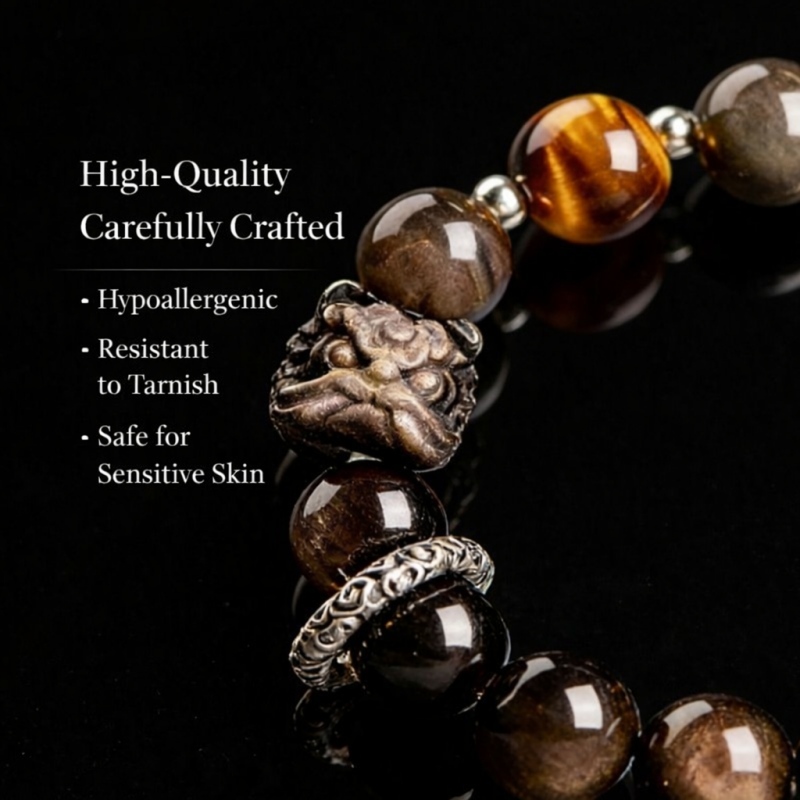 Auspicious lion silver obsidian bracelet