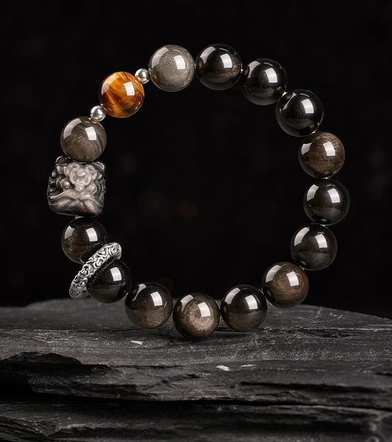 Auspicious lion silver obsidian bracelet