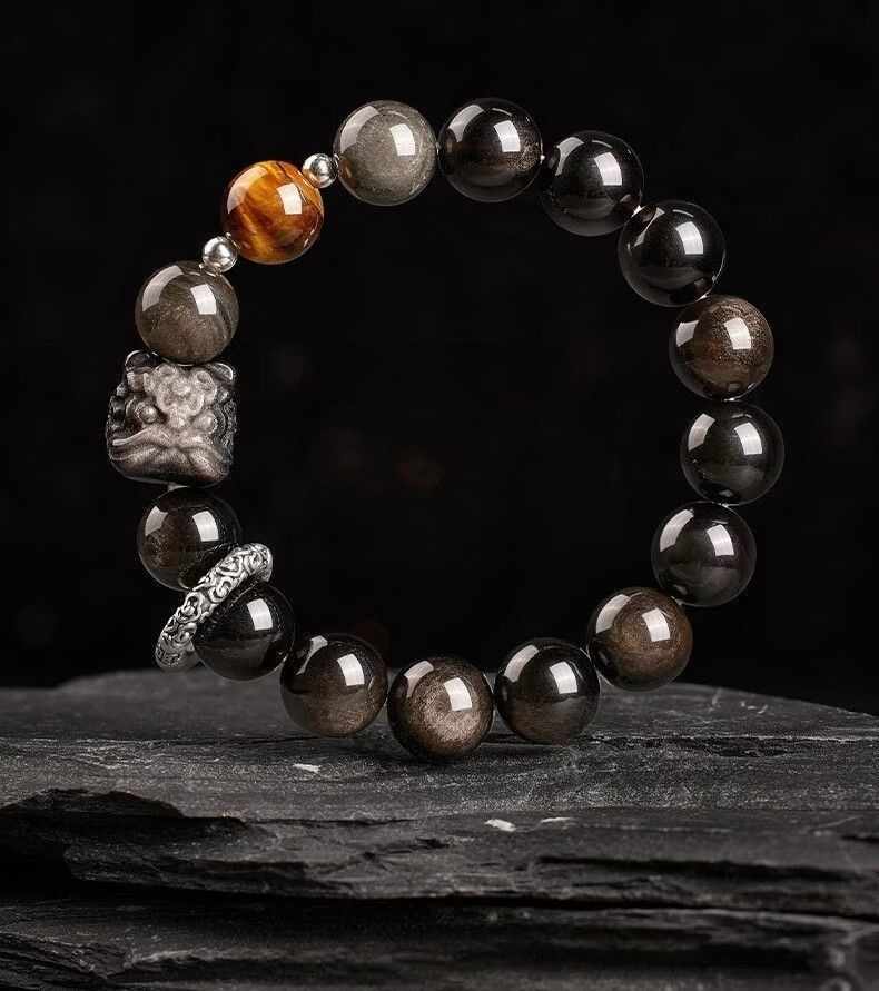 Auspicious lion silver obsidian bracelet