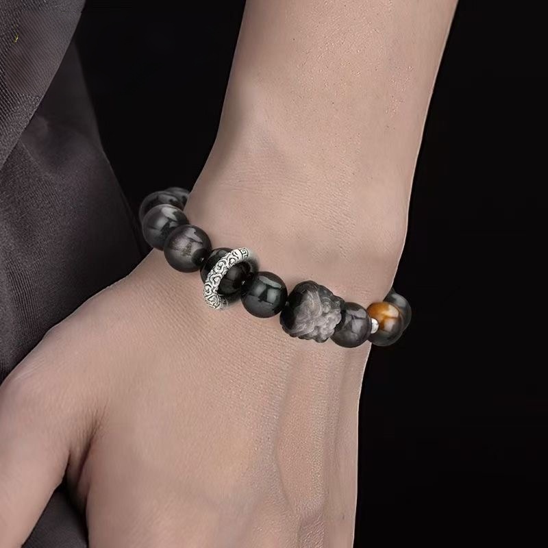 Auspicious lion silver obsidian bracelet