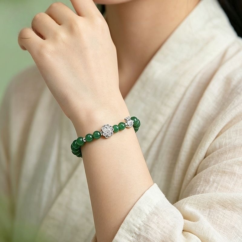 Silver lotus blessing agate bracelet