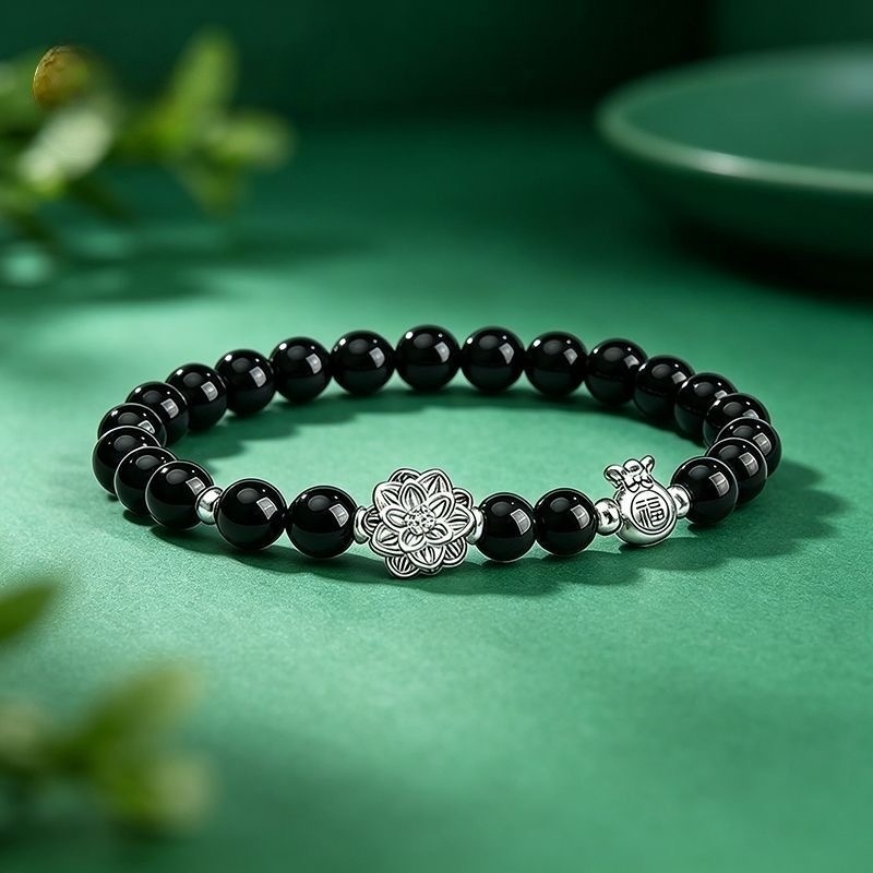 Silver lotus blessing agate bracelet
