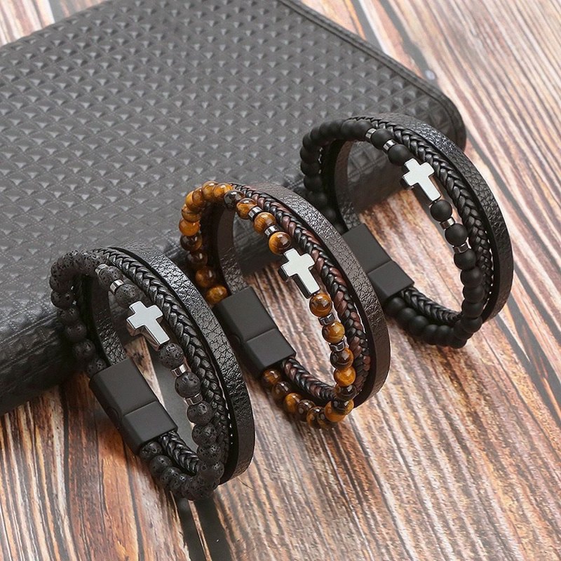 Cross Leather & Black Obsidian Bracelet