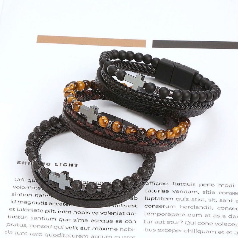 Cross Leather & Black Obsidian Bracelet