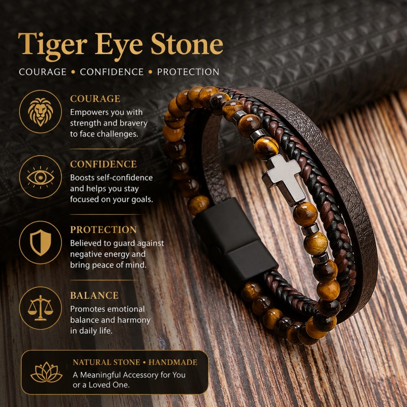 Cross Leather & Black Obsidian Bracelet