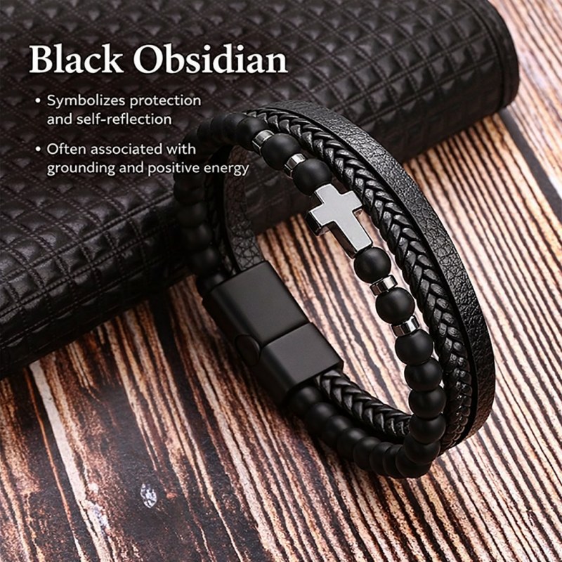 Cross Leather & Black Obsidian Bracelet