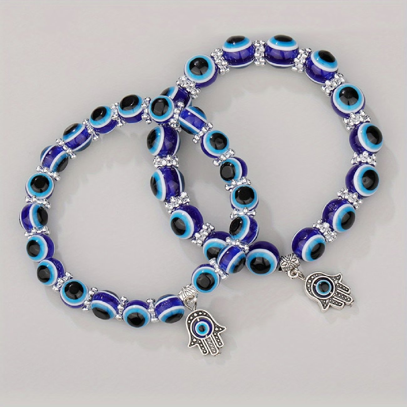 2pcs a Set 8Mm-10Mm Resin Devil'S Eye Elastic Palm Pendant Bracelet