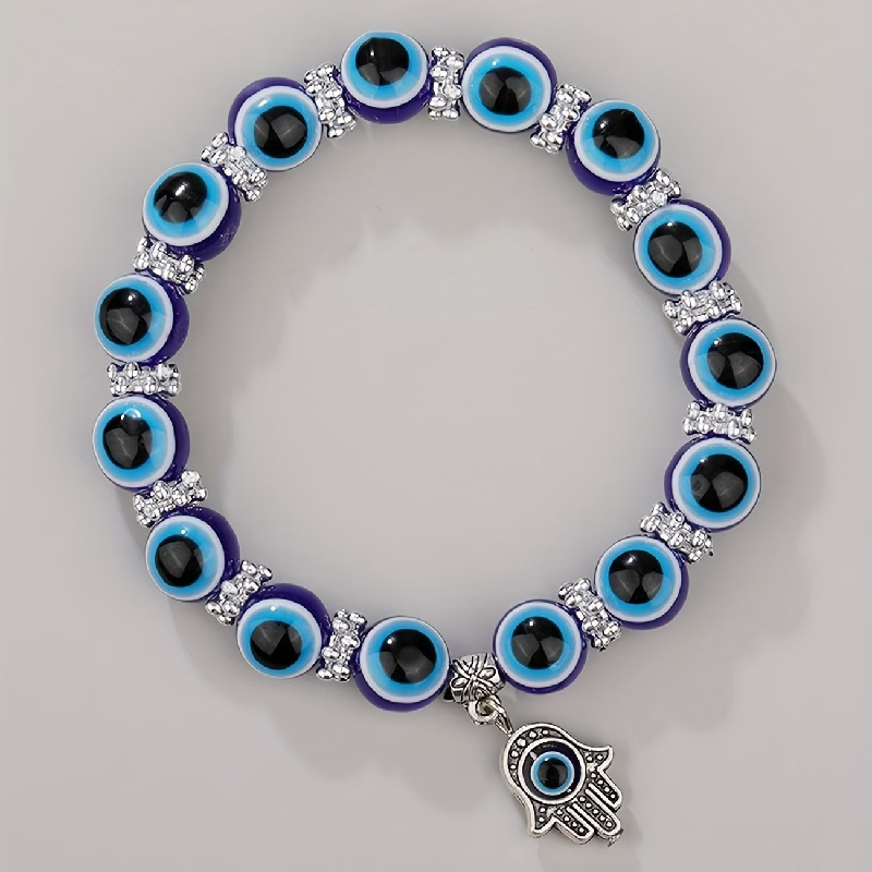 2pcs a Set 8Mm-10Mm Resin Devil'S Eye Elastic Palm Pendant Bracelet