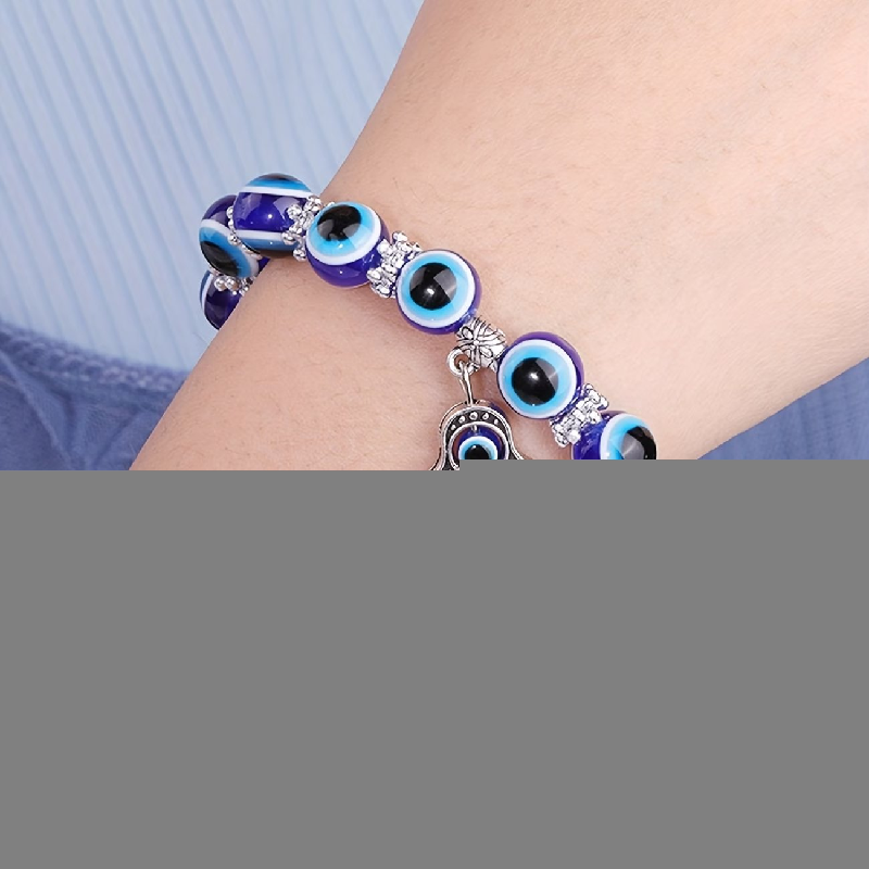 2pcs a Set 8Mm-10Mm Resin Devil'S Eye Elastic Palm Pendant Bracelet